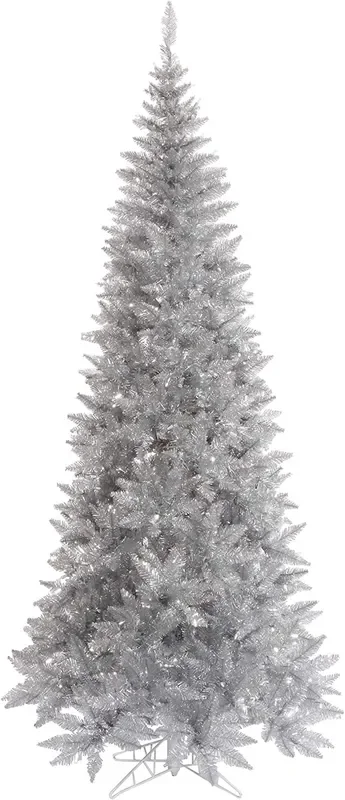 10′ Silver Tinsel Fir Slim Artificial Christmas Tree, Unlit – Faux Silver Christmas Tree – Seasonal Indoor Home Decor