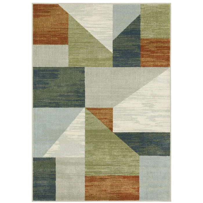 10′ X 13′ Grey Teal Blue Rust Green And Ivory Geometric Power Loom Stain Resistant Area Rug