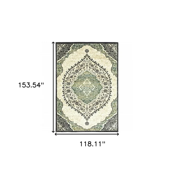 10′ X 13′ Ivory Navy And Green Oriental Power Loom Stain Resistant Area Rug