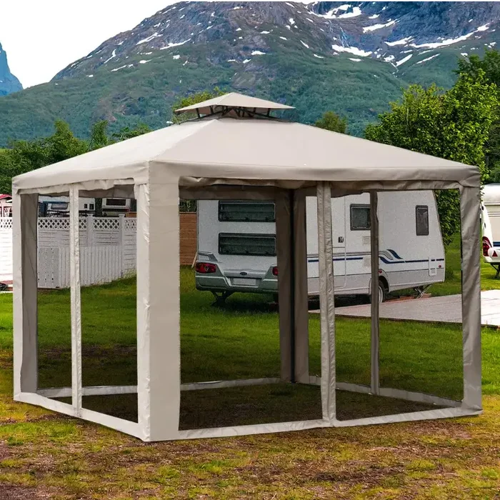 10 ft. x 10 ft. Steel Outdoor Patio Gazebo Pavilion Canopy Tent with a 2-Tier Roof Air Circulation Roof and Bug Mesh