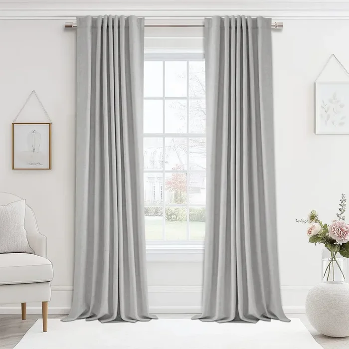 100% Blackout Linen Textured Curtains Solid Thermal Insulated Drapes (2 Panels Set)