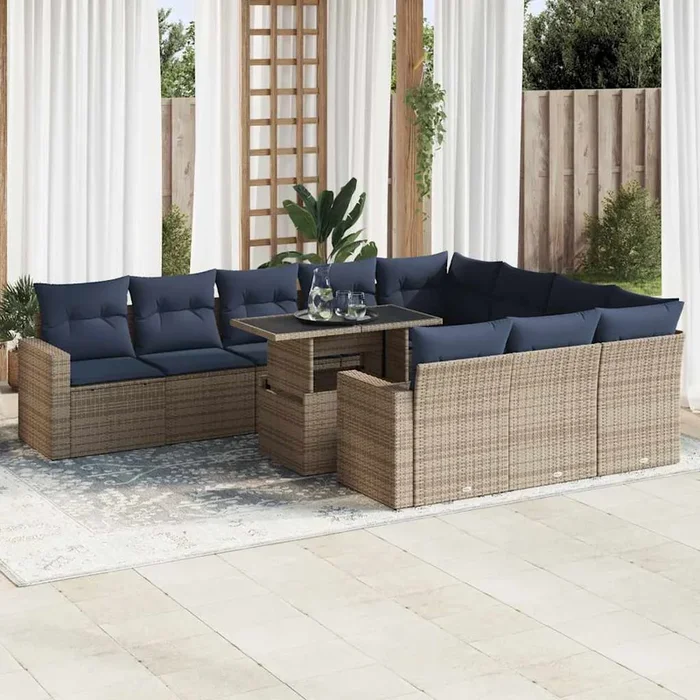 11 Piece Garden Sofa Set With Cushions Black Poly Rattan Acacia