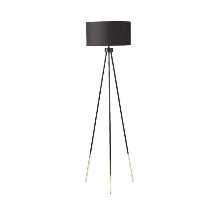 159cm Black and Gold Tripod Floor Lamp with Black Linen Shade Gold Inside – Dual Plug