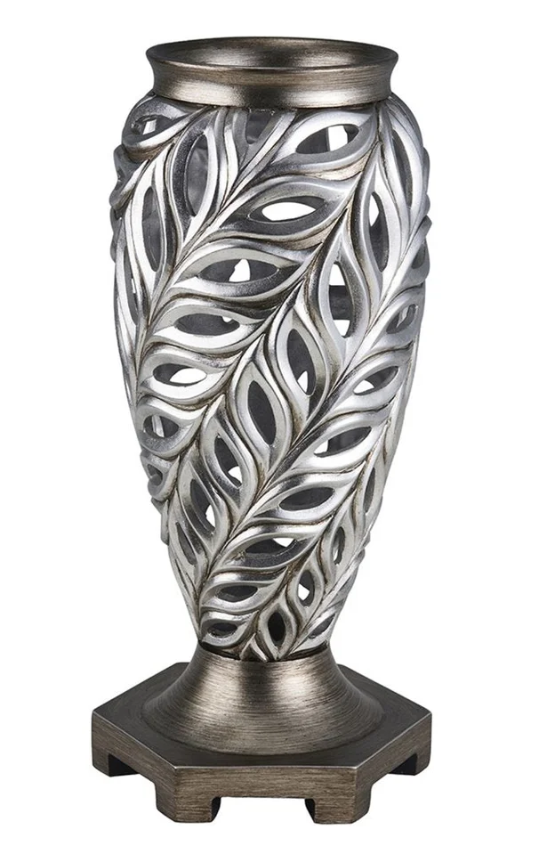 16″ Gray and Silver Leaf Urn Polyresin Table Vase