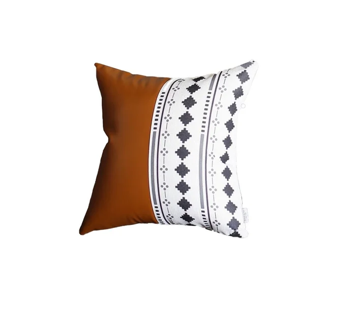 17″ Brown and White Faux Leather Throw Pillow Cover