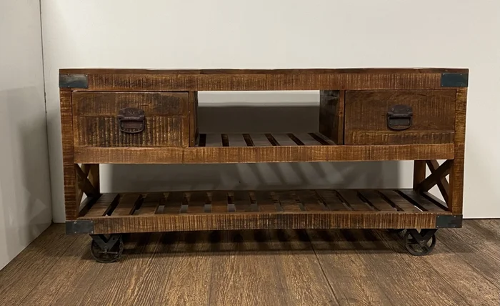 18″ Brown and Black Solid Wood Distressed Wheel Console Table With Shelves And Drawers