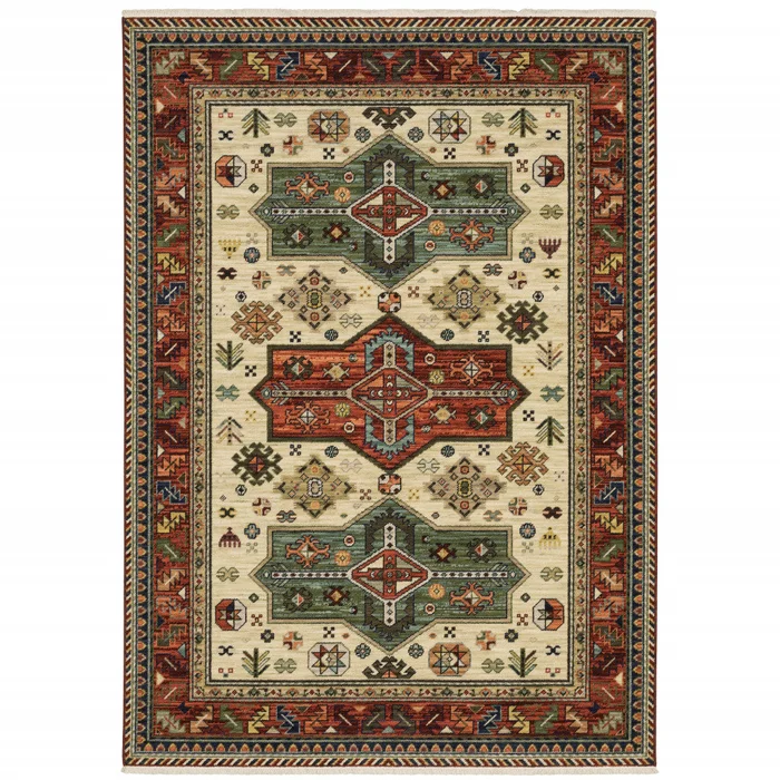 2′ X 3′ Brick Red Orange Rust Beige Gold Pale Blue Olive Navy And Black Oriental Power Loom Stain Resistant Area Rug With Fringe