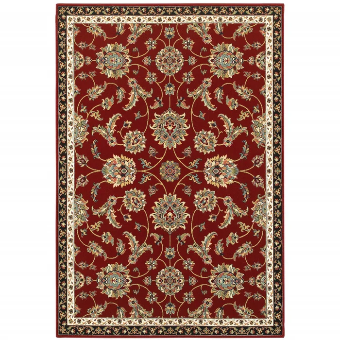 2′ X 4′ Red Black Blue Ivory Green And Salmon Oriental Power Loom Stain Resistant Area Rug
