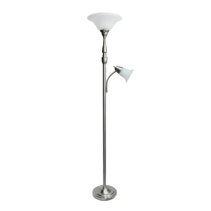 2-Light Mother Daughter Brushed Nickel Floor Lamp with White Marble Glass Shade