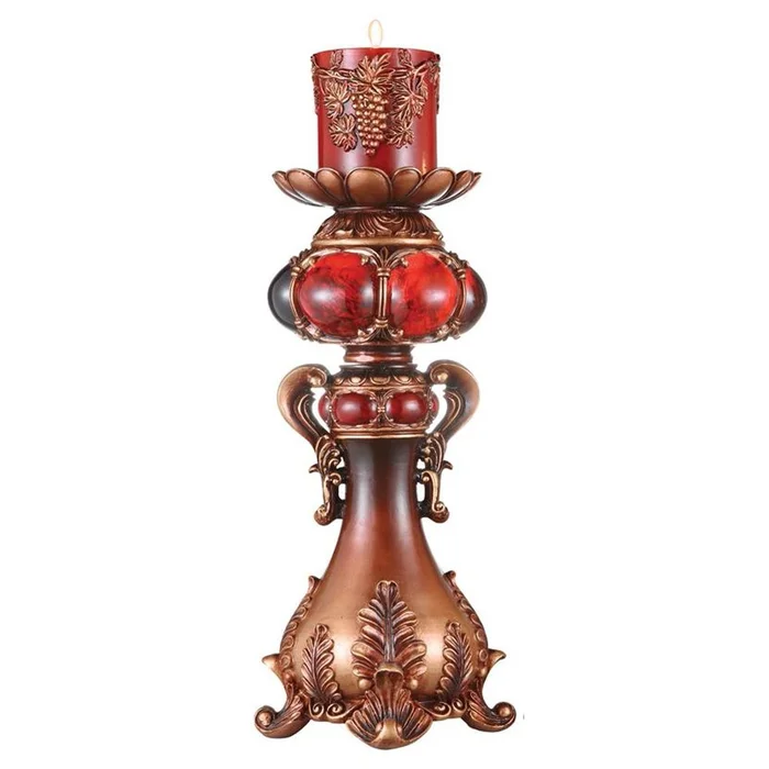 20″ Brown and Red Faux Marble Tabletop Candle Holder and Candle