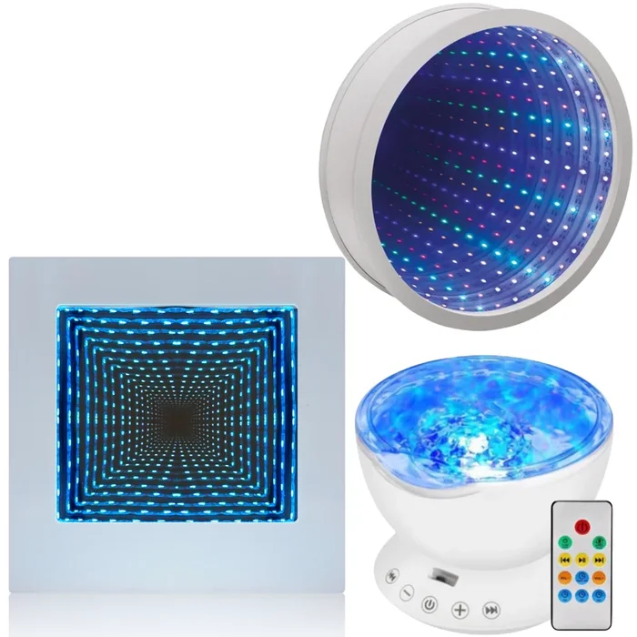 22cm Square Light LED Infinity Mirror + 23cm Round Infinity Mirror + Ocean Wave Projector Lamp