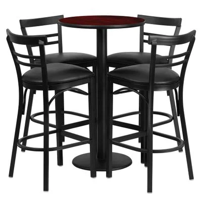 24” Round Mahogany Table Set with 4 Black Vinyl Seat Metal Bar Stools – RSRB1034-GG