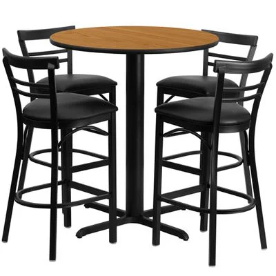 24” Round Natural Table and 4 Metal Bar Stools with Black Vinyl Seat – HDBF1035-GG