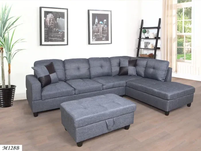 3 PC Sectional Sofa Set, Gray Linen Right -Facing Chaise with Free Storage Ottoman