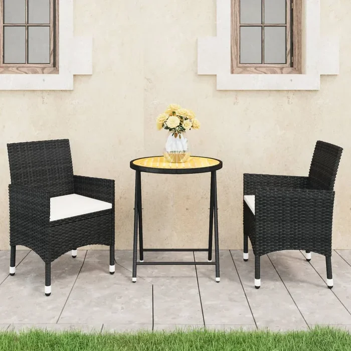 3 Piece Garden Bistro Set Poly Rattan And Acacia Wood Black