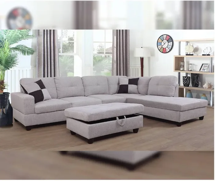 3-Piece Gray Microfiber 4-Seater L-Shaped Right-Facing Chaise Sectional Sofa with Ottoman (3 BOXES)