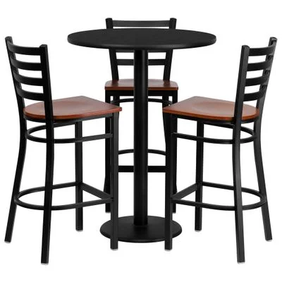 30” Round Black Table Set with 3 Cherry Wood Seat Metal Bar Stools – MD-0013-GG