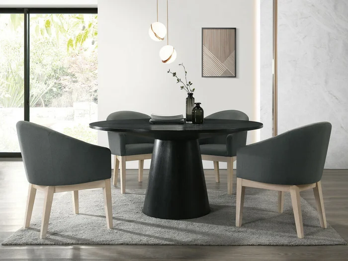 30016-3-5PC 5 pc Charlton home jasper ebony black finish wood 59″ round modern dining table set