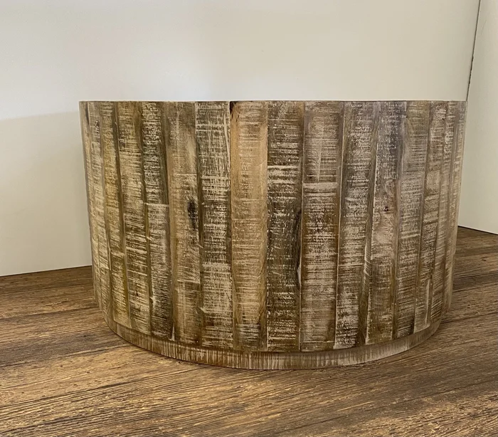 32″ Brown Solid Wood Round Distressed Drum Coffee Table