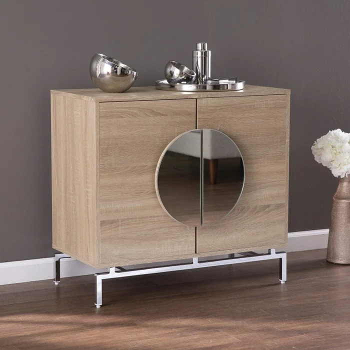 32″ Natural and Chrome Mirrored Circle Double Door Bar Cabinet