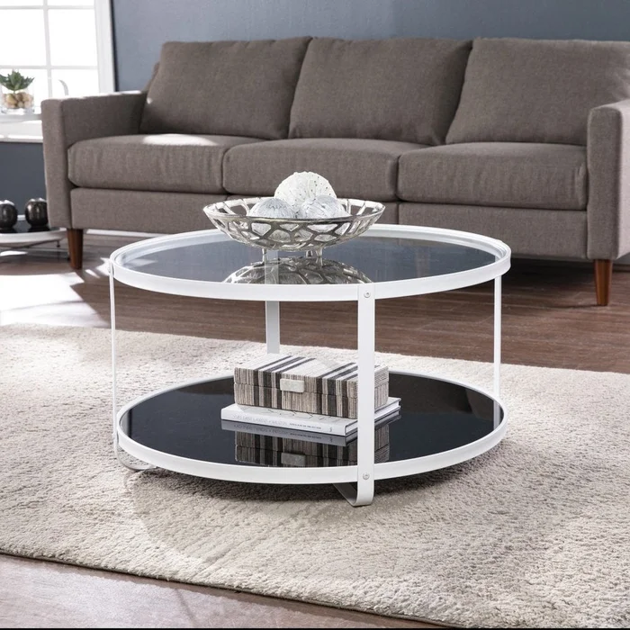 32″ White Glass And Metal Two Tier Round Coffee Table