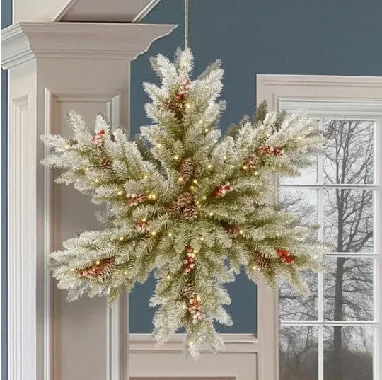 32 in. Snowy Dunhill Fir Double-Sided Snowflake with Battery Operated LED Lights