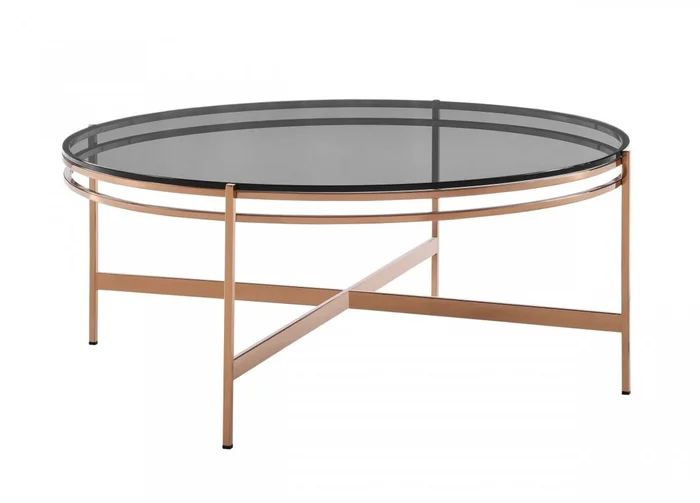 35″ Gray and Gold Glass And Stainless Steel Round Coffee Table