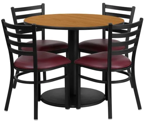 36” Round Natural Table Set with 4 Burgundy Vinyl Seat Chairs – RSRB1007-GG