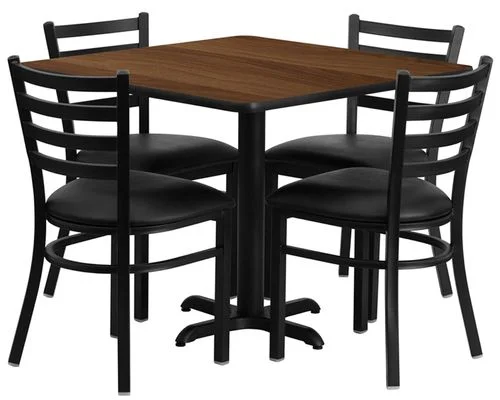 36” Square Walnut Table Set with 4 Ladder Back Metal Chairs – Black Vinyl Seat – HDBF1016-GG