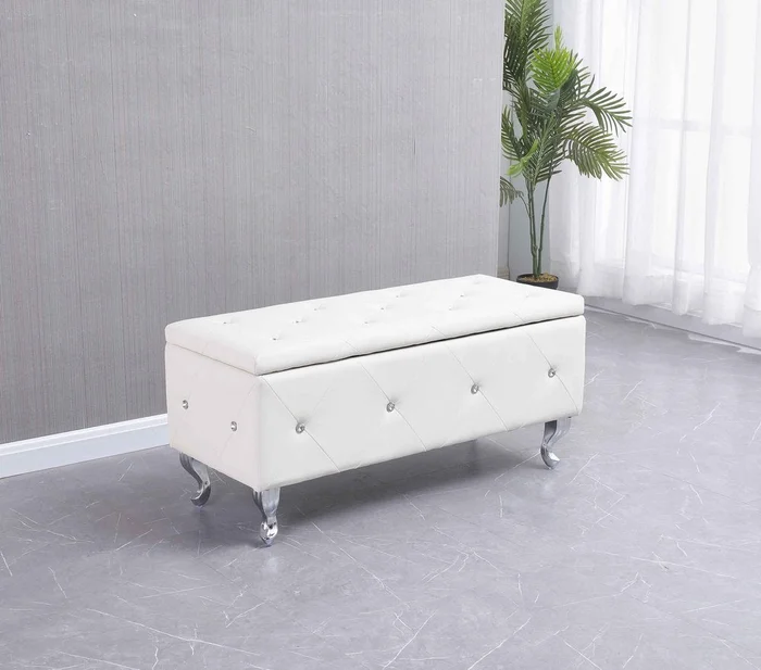 38″ White and Silver Faux Leather Storage Bench With Flip Top