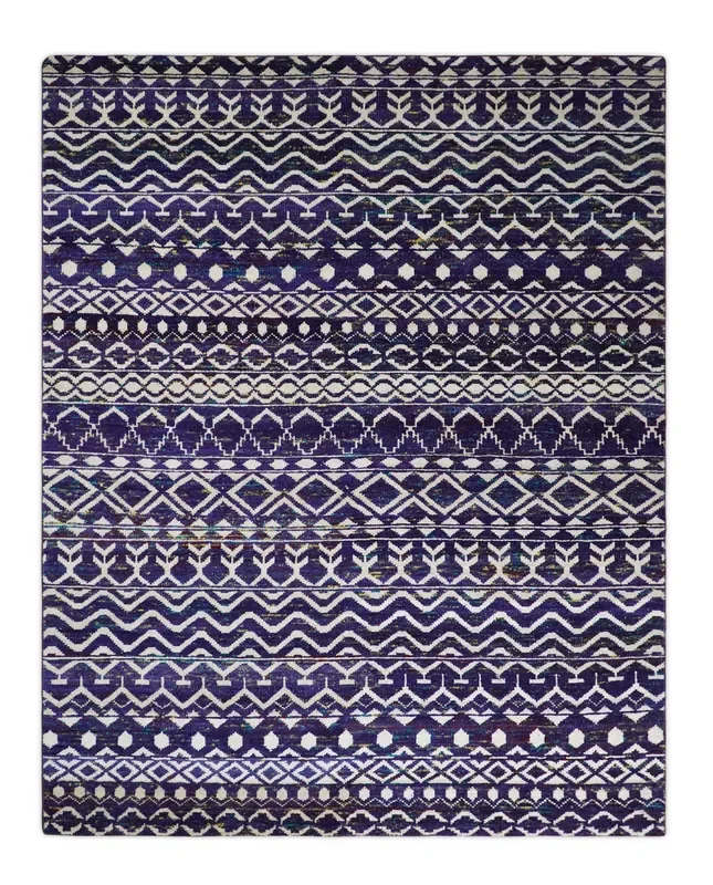 4×6 and 8×10 Hand Knotted Blue and White Modern Contemporary Southwestern Tribal Trellis Recycled Silk Area Rug | OP6