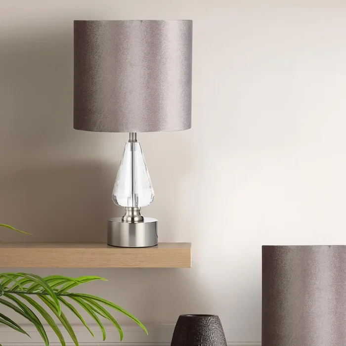 48.5cm Crystal Table Lamp with Light Grey Velvet Shade- E27
