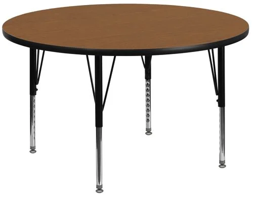 48” Round Activity Table, Oak Thermal Fused Laminate Top & Height Adjustable Pre-School Legs – XU-A48-RND-OAK-T-P-GG