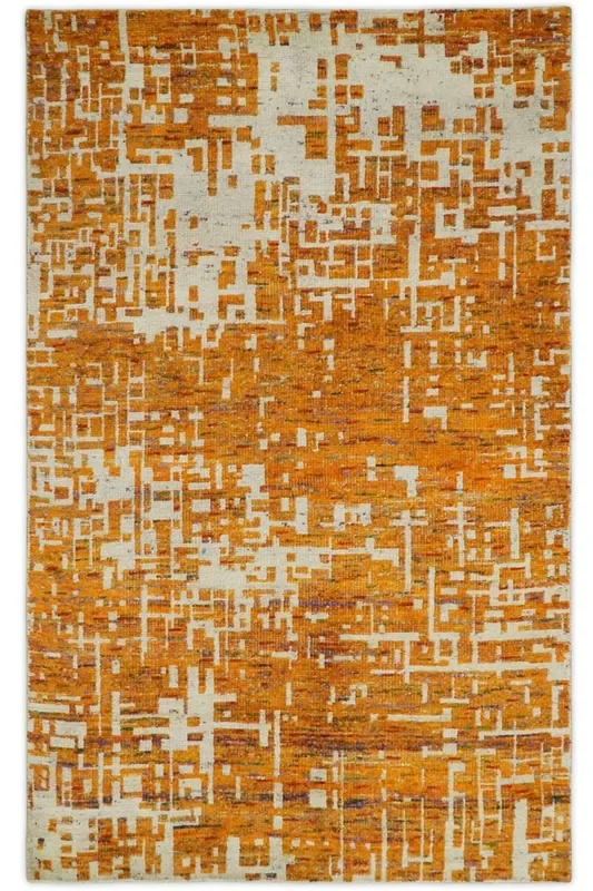 5×8 and 6×9 Gold, Rust and Ivory Modern Abstract Recycled Silk Rug