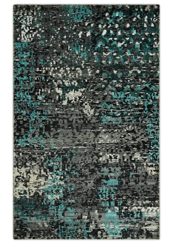 5×8 Hand Knotted Charcoal, Ivory and Blue Modern Abstract Contemporary Recycled Silk Area Rug | OP68