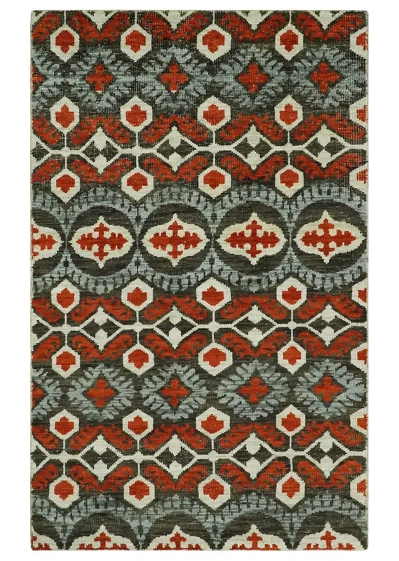 5×8 Hand Knotted Moss Green, Ivory and Rust Antique Persian Style Contemporary Recycled Silk Area Rug | OP83