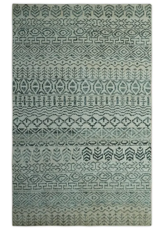5×8 Teal and Silver Hand Knotted Southwestern Tribal Trellis wool Area Rug