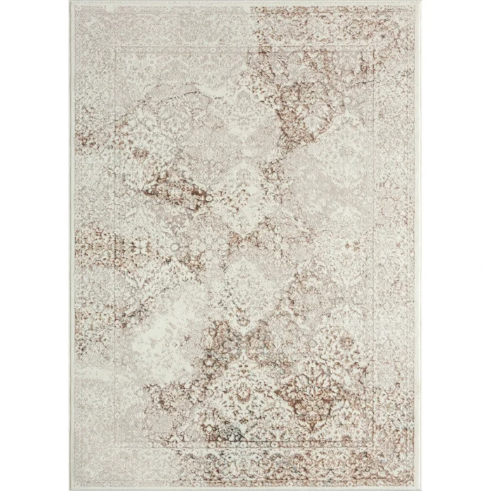 5′ X 7′ Beige Cream And Brown Damask Stain Resistant Area Rug
