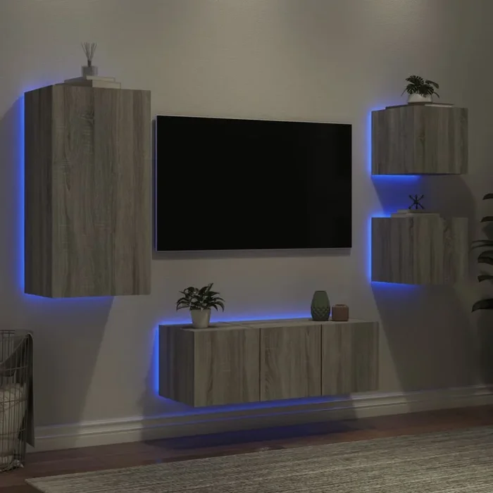 5 Piece Tv Wall Units With Led Engineered Wood
