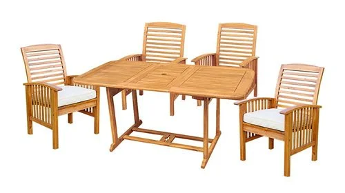 5-Piece Wood Extendable Table Patio Set with Cushions in Natural Brown – OW5SBR