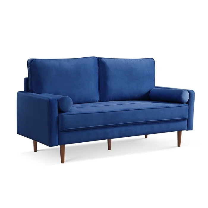 69″ Blue Velvet Sofa And Toss Pillows With Dark Brown Legs