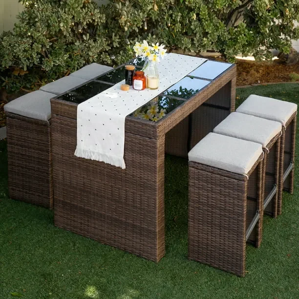 7 Pieces Patio Rattan Wicker Bar Table Stools Dining Set Cushioned Chairs Garden Backyard, Brown