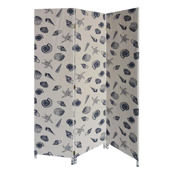 71″ Blue and Beige Fabric Folding Three Panel Screen Room Divider
