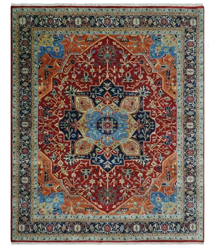 8×10 Fine Hand Knotted Rust and Blue Traditional Heriz Medallion wool area rug