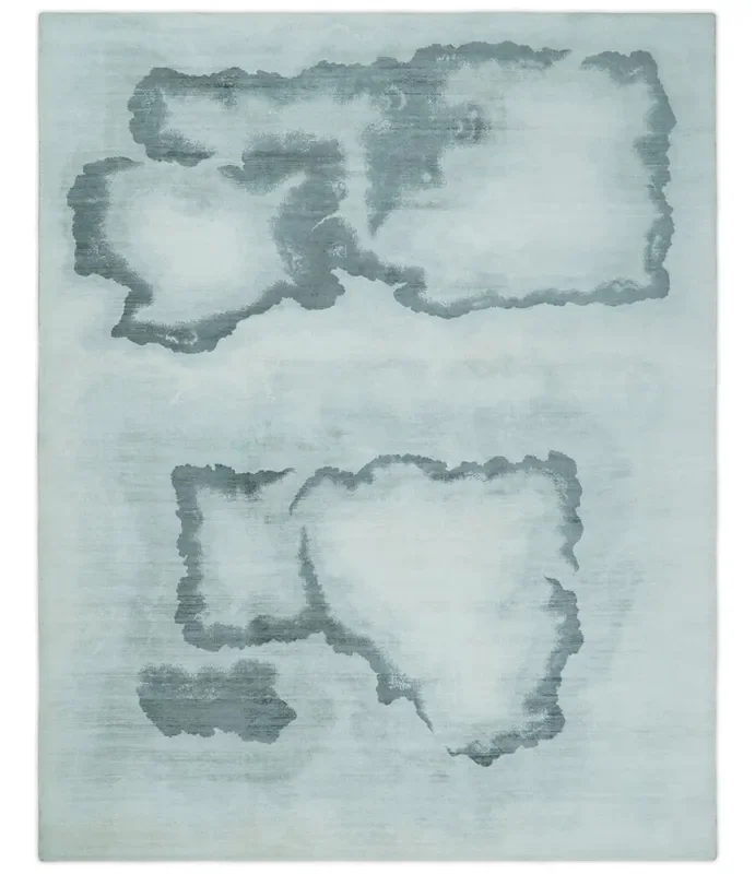 8×10 Ivory, Gray and Aqua Modern Abstract Handmade Art Silk Area Rug