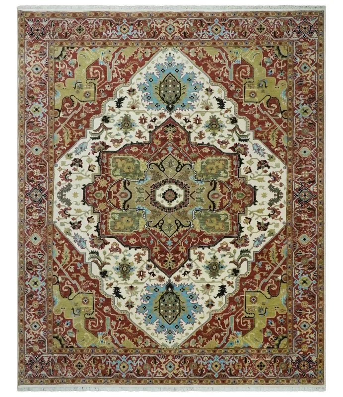 8×10 Olive, Rust and Ivory Heriz Serapi Traditional Vintage Antique Hand Knotted Wool Area Rug | TRDCP1363810