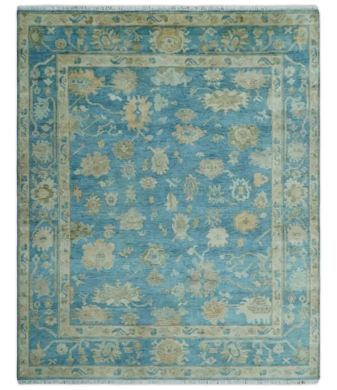 8×10 Oushak Hand Knotted Blue and Beige Traditional Wool Rug