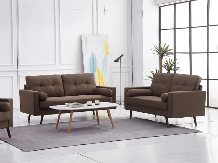 8133-2PC 2 pc Zipcdoe design espana brown mid-century modern linen like fabric sofa and love seat set