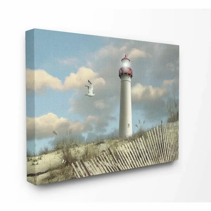 ‘Cape May Sand Dune Fence Lighthouse Beach Scene with Seagull’ Photograph Print pt1088