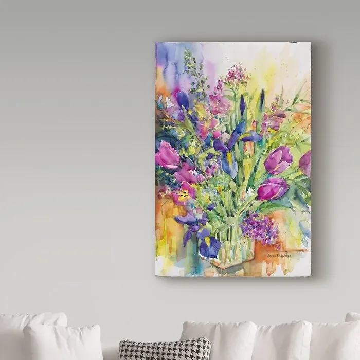 ‘Iris Blue and Tulips Too’ Watercolor Painting Print on Wrapped Canvas LX5692